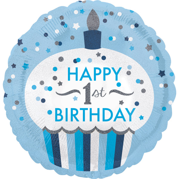 round blue happy 1st birthday balloon
