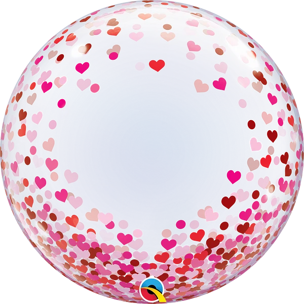 deco bubble balloon with red and pink confetti hearts and dots