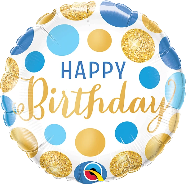 round happy birthday balloon with blue and gold dots