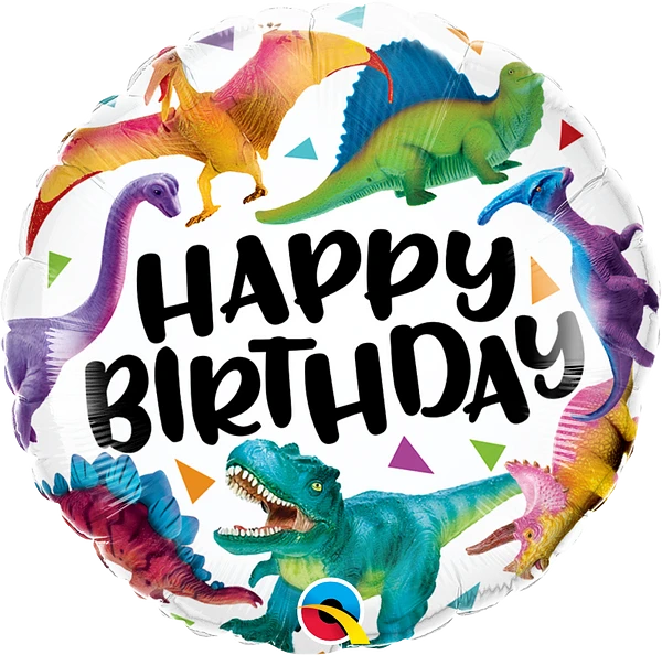round colorful happy birthday balloon with dinosaurs