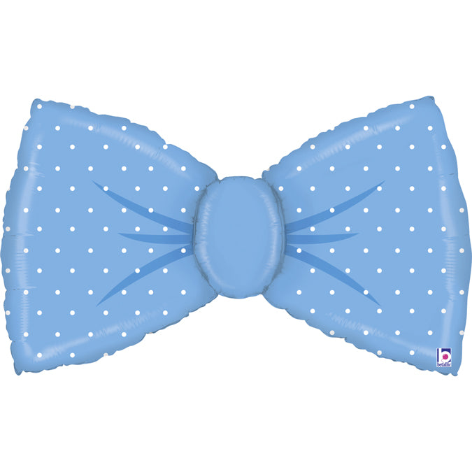 light blue bow tie shaped balloon with white dots