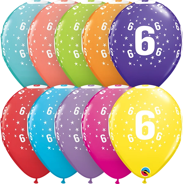 color mix assorted balloon with the number 6 and white stars