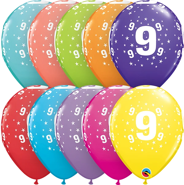 color mix assorted balloon with the number 9 and white stars