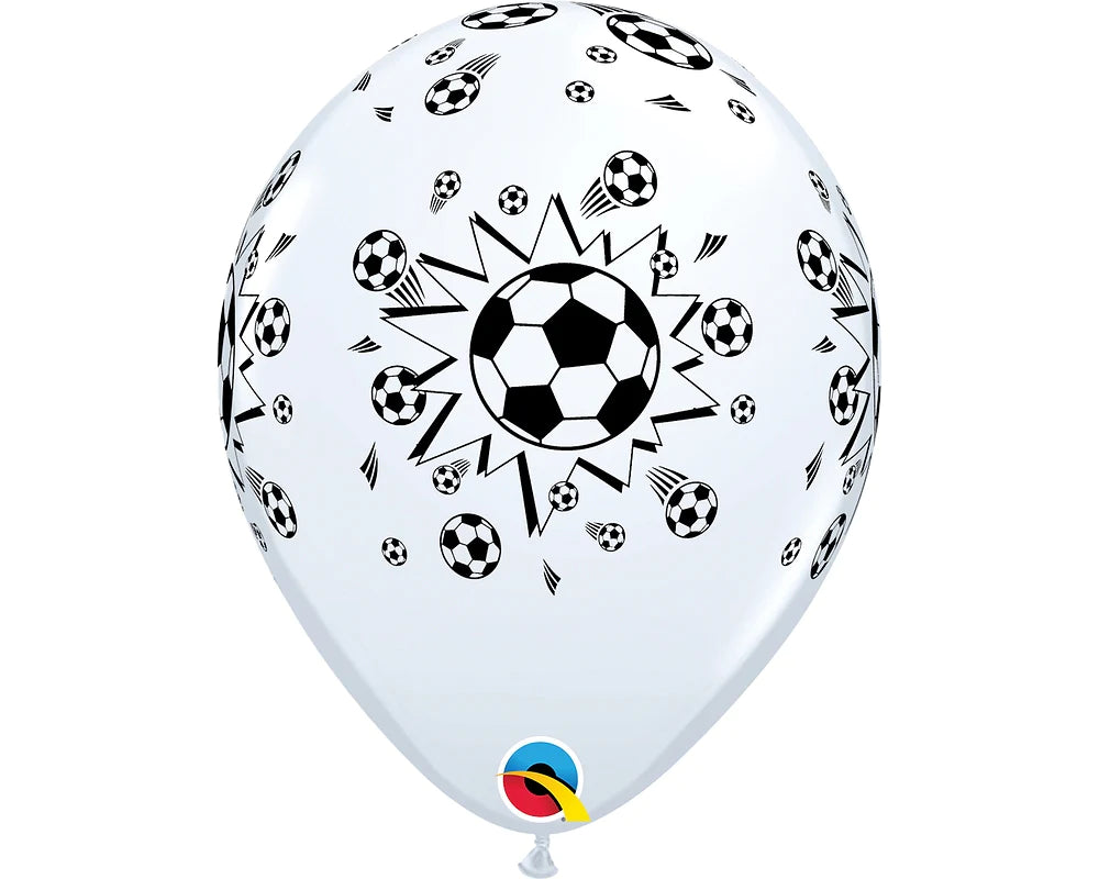 white balloon with soccer balls