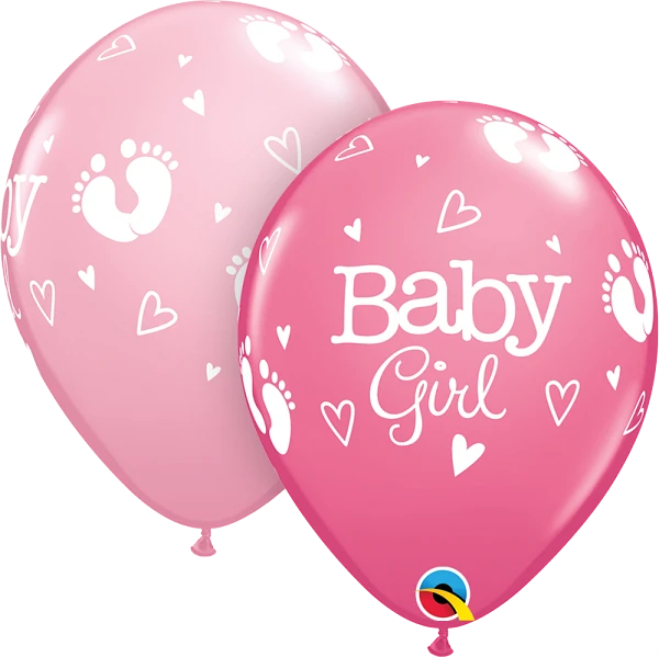 rose/light pink, pink baby girl balloon with white footprints and hearts