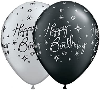 silver and black happy birthday balloon with stars