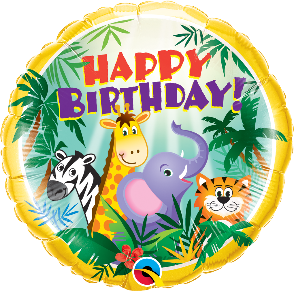 round happy birthday balloon with jungle animals