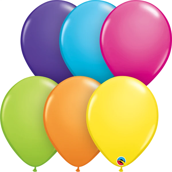 dark purple/violet, blue, pink, lime green, orange and yellow balloon