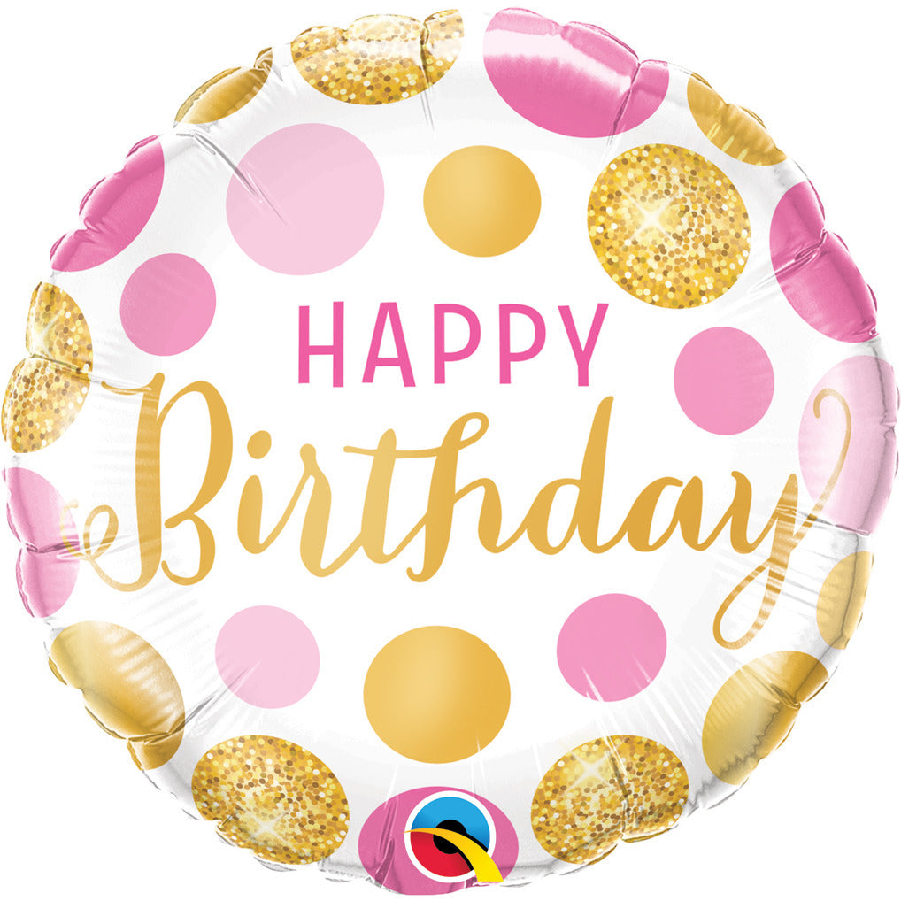 happy birthday balloon with pink and gold dots