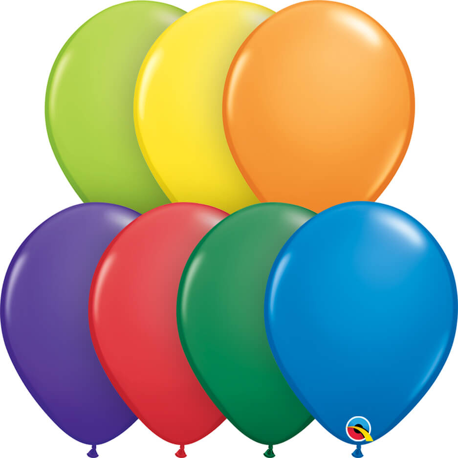 lime green, yellow, orange, purple/violet, red, dark green and blue balloon