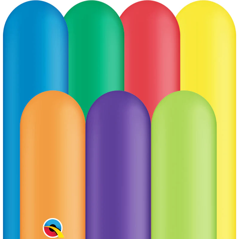 blue, dark green, red, yellow, orange, purple/violet and green twisting balloon