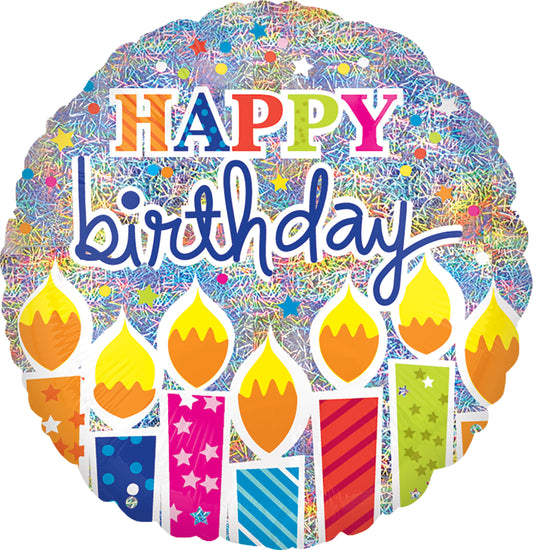 round colorful happy birthday balloon with holographic shimmer and candles