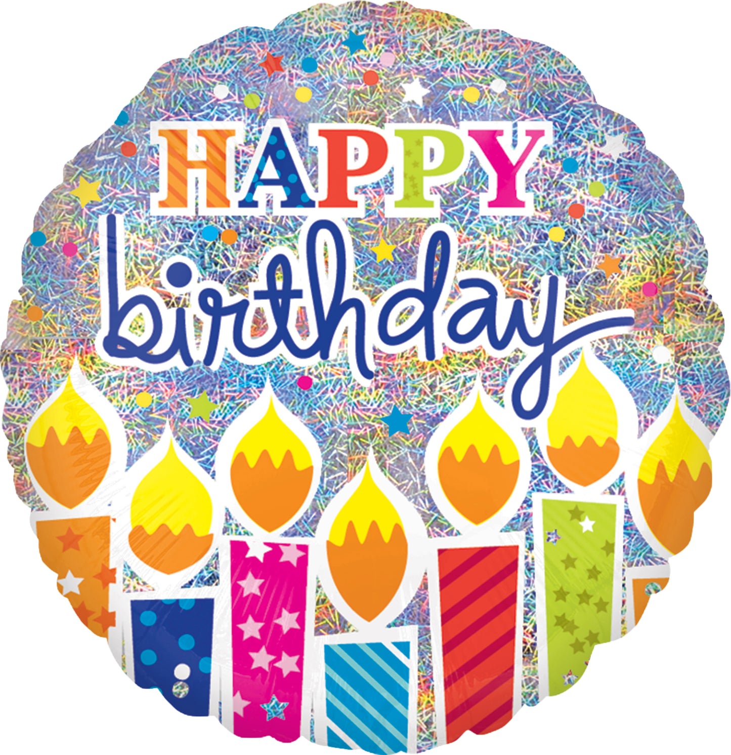 round colorful happy birthday balloon with holographic shimmer and candles