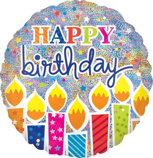 round colorful happy birthday balloon with holographic shimmer and candles