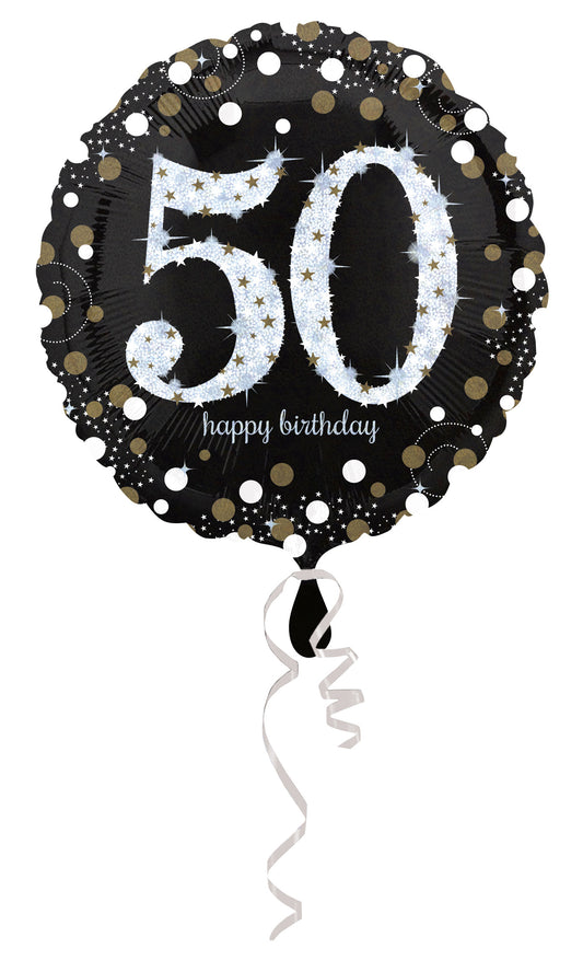 black sparkling round 50 Happy Birthday balloon