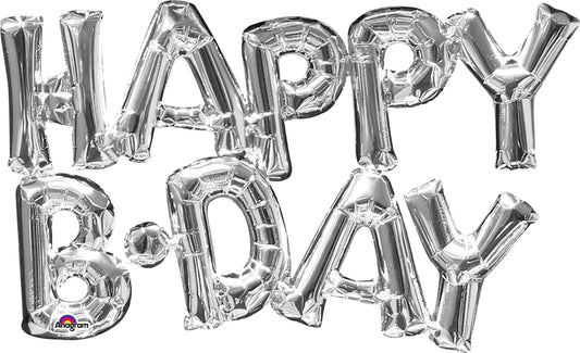 silver phrase happy bday balloon, silver phrase happy birthday balloon