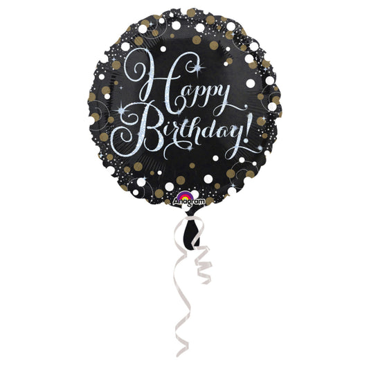 black sparkling round Happy Birthday balloon