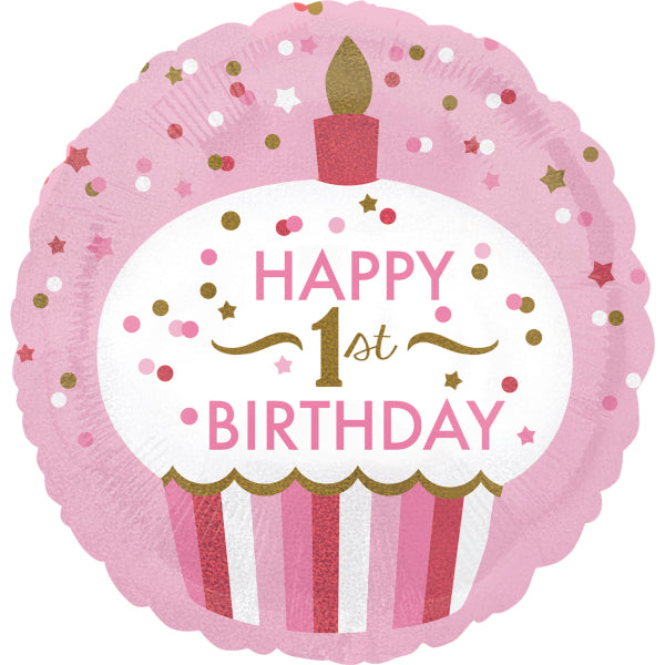 round pink happy 1st birthday balloon