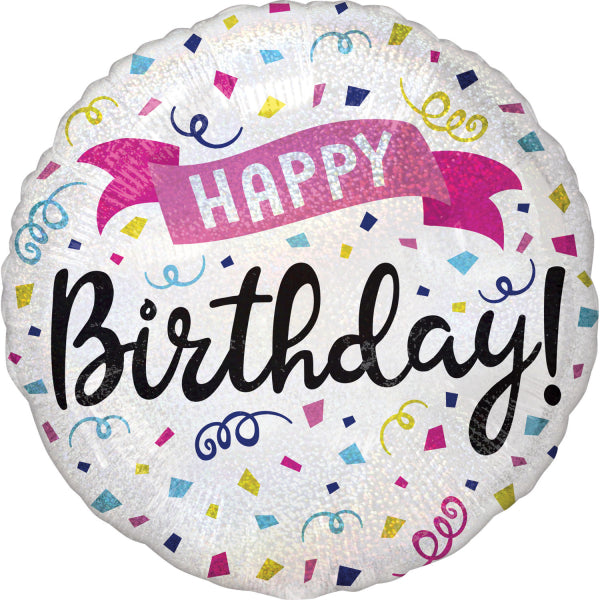 round colorful holographic happy birthday balloon with confetti