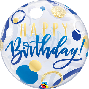 happy birthday bubble balloon with blue and gold dots