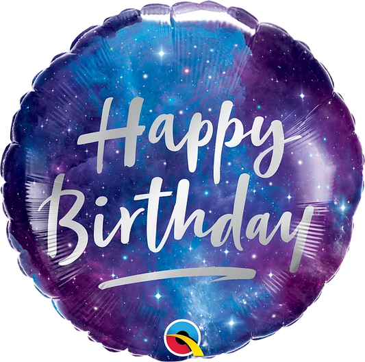 round blue and purple galaxy happy birthday balloon