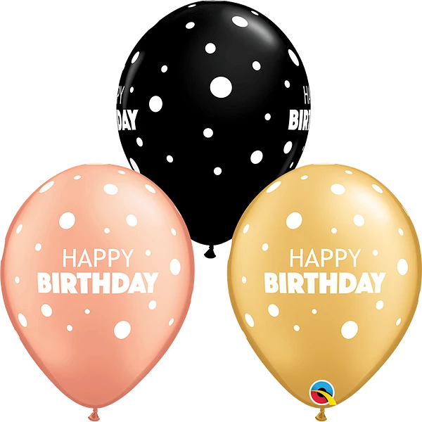 rose gold, black and gold happy birthday balloon with dots