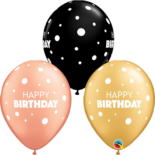 rose gold, black and gold happy birthday balloon with dots