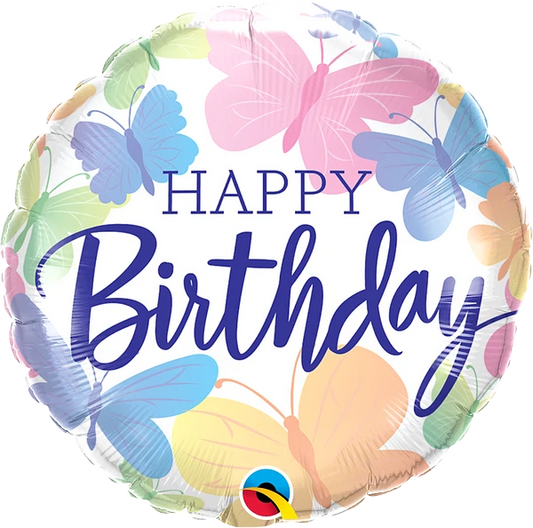 round pastel color happy birthday balloon with butterflies