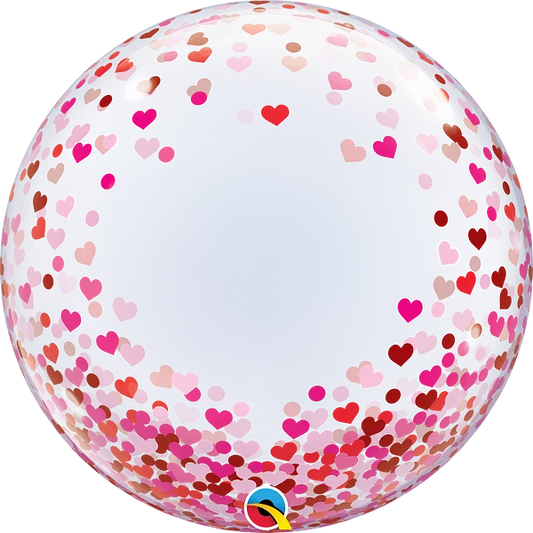 deco bubble balloon with red and pink confetti hearts and dots