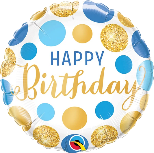 round happy birthday balloon with blue and gold dots