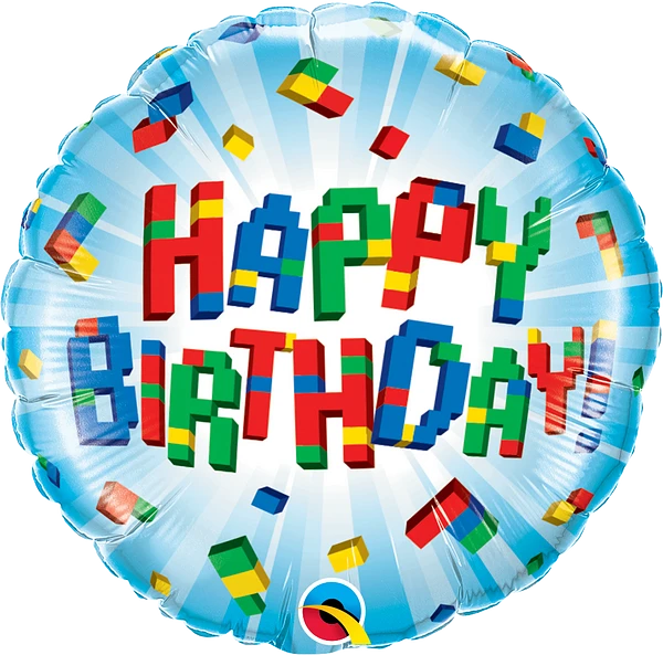 round colorful happy birthday balloon with exploding blocks 