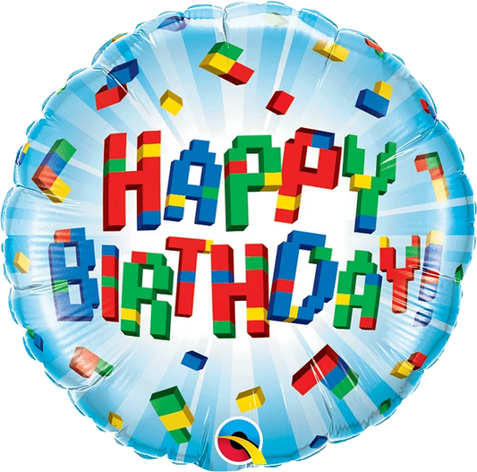 round colorful happy birthday balloon with exploding blocks 
