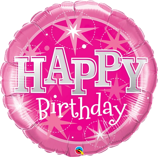 round pink happy birthday balloon with sparkles