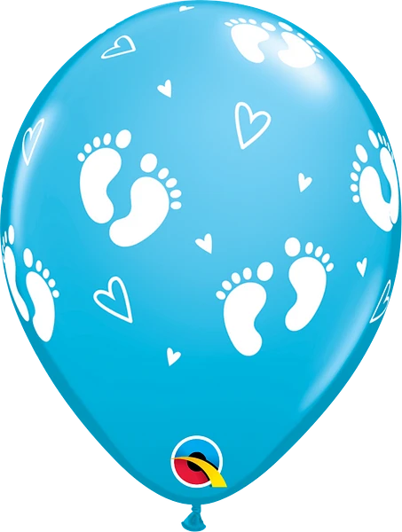 blue balloon with baby footprints and hearts