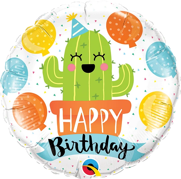 round colorful happy birthday balloon with party cactus