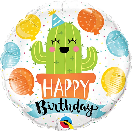 round colorful happy birthday balloon with party cactus