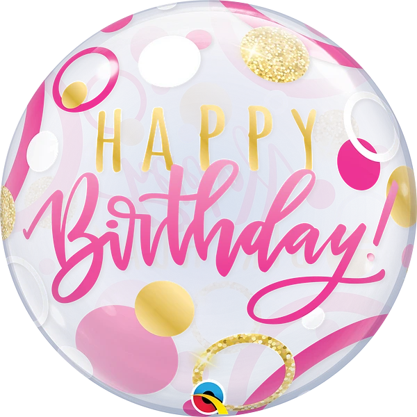 happy birthday bubble balloon with pink and gold dots