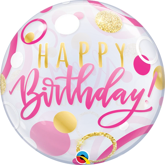 happy birthday bubble balloon with pink and gold dots