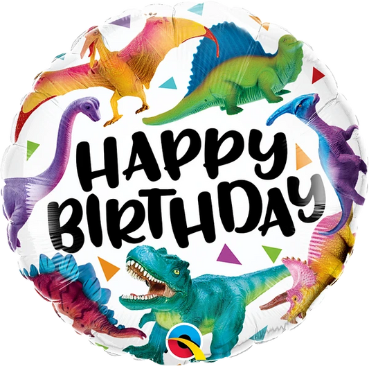 round colorful happy birthday balloon with dinosaurs