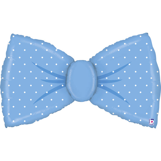 light blue bow tie shaped balloon with white dots