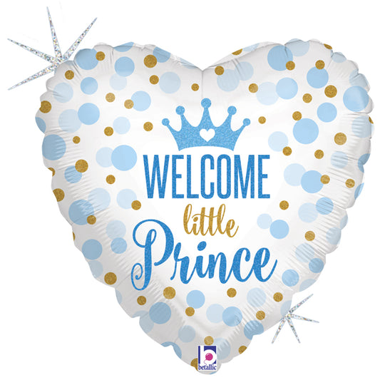 heart shaped welcome little prince baby balloon with light blue and gold glitter dots