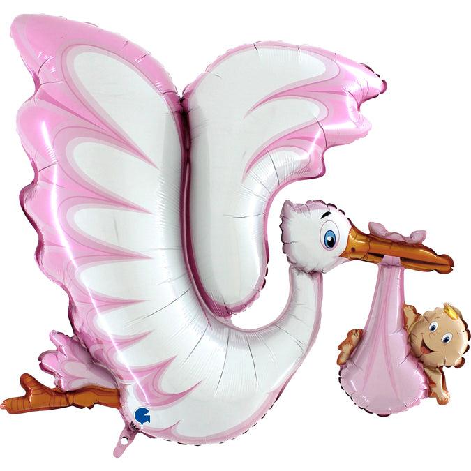 white and pink stork shaped balloon with baby