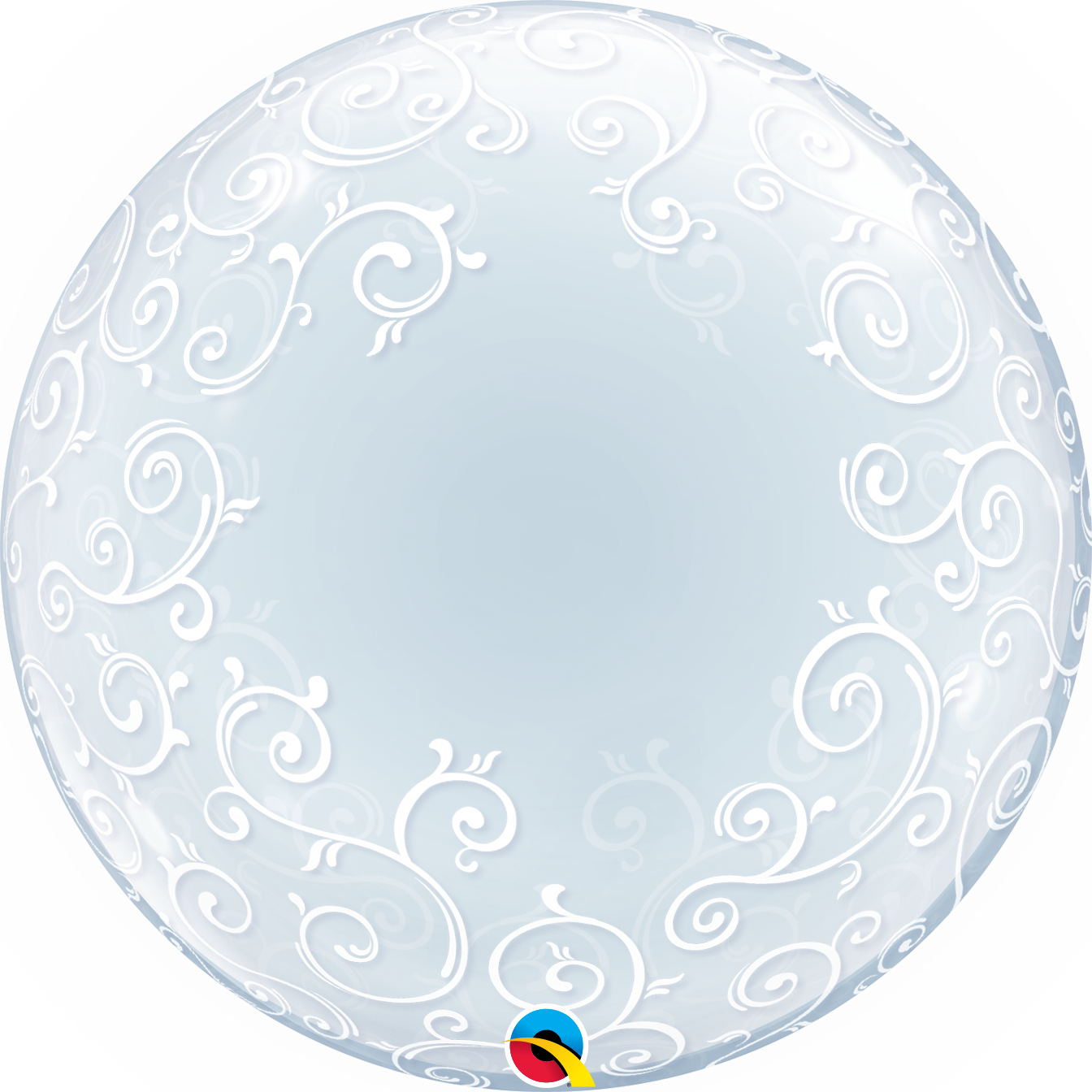 clear deco bubble balloon with white scrolls