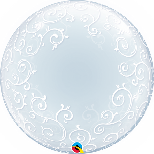 clear deco bubble balloon with white scrolls
