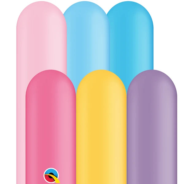 rose/pastel/light pink, pastel/pale blue, blue, pink, yellow and pastel purple/violet/lilac twisting balloon