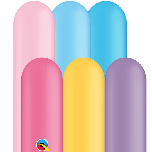 rose/pastel/light pink, pastel/pale blue, blue, pink, yellow and pastel purple/violet/lilac twisting balloon