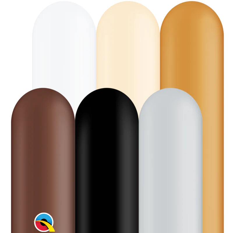 white, blush, light brown, dark brown, grey and black twisting balloon