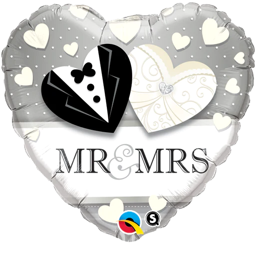white, black and silver heart shaped Mr & Mrs balloon with hearts