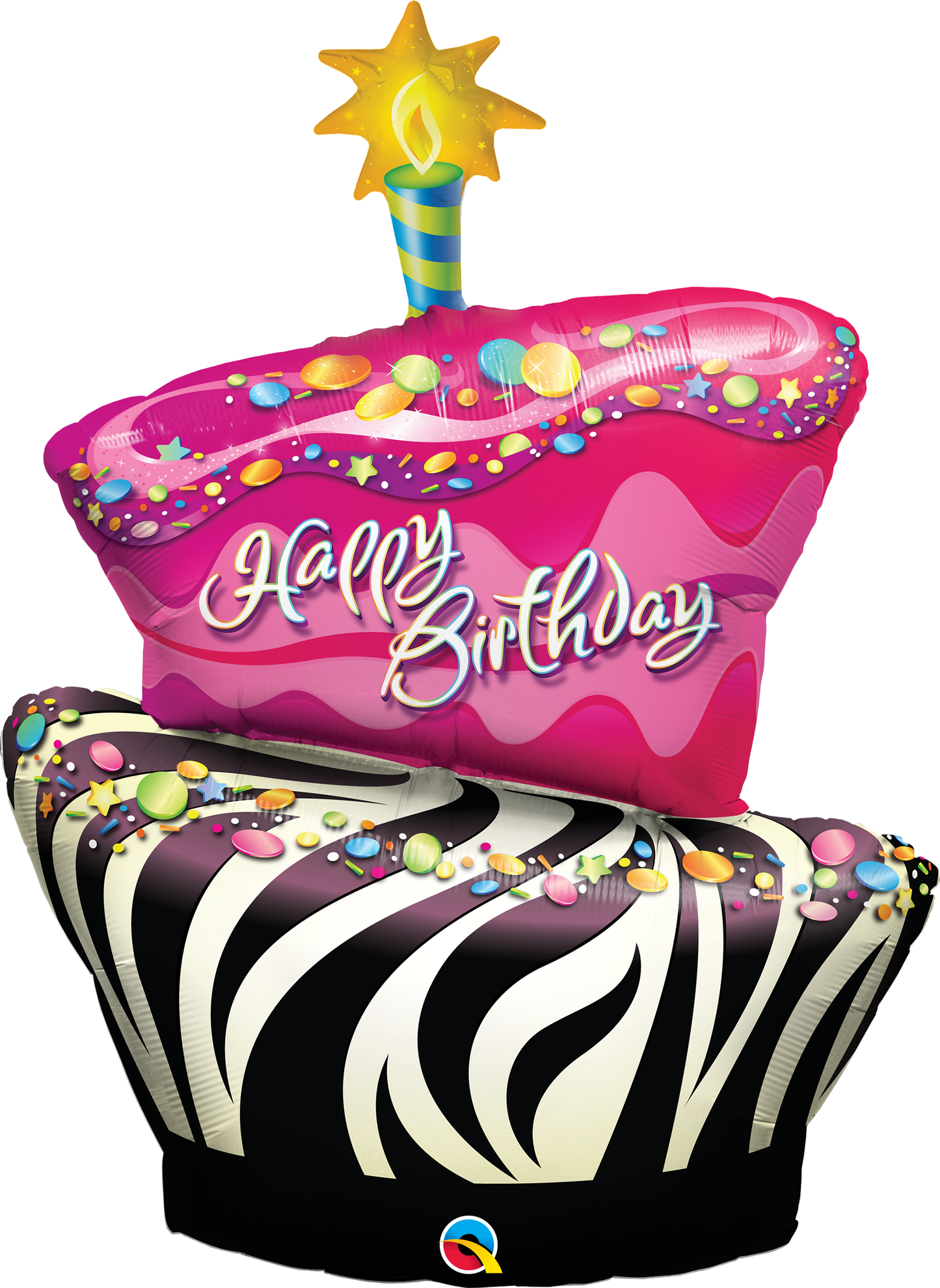 pink and zebra stripe birthday cake shaped happy birthday balloon