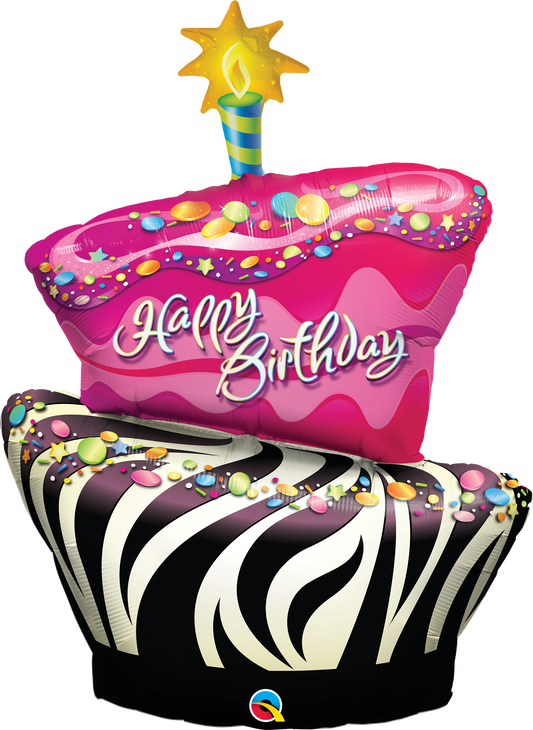 pink and zebra stripe birthday cake shaped happy birthday balloon